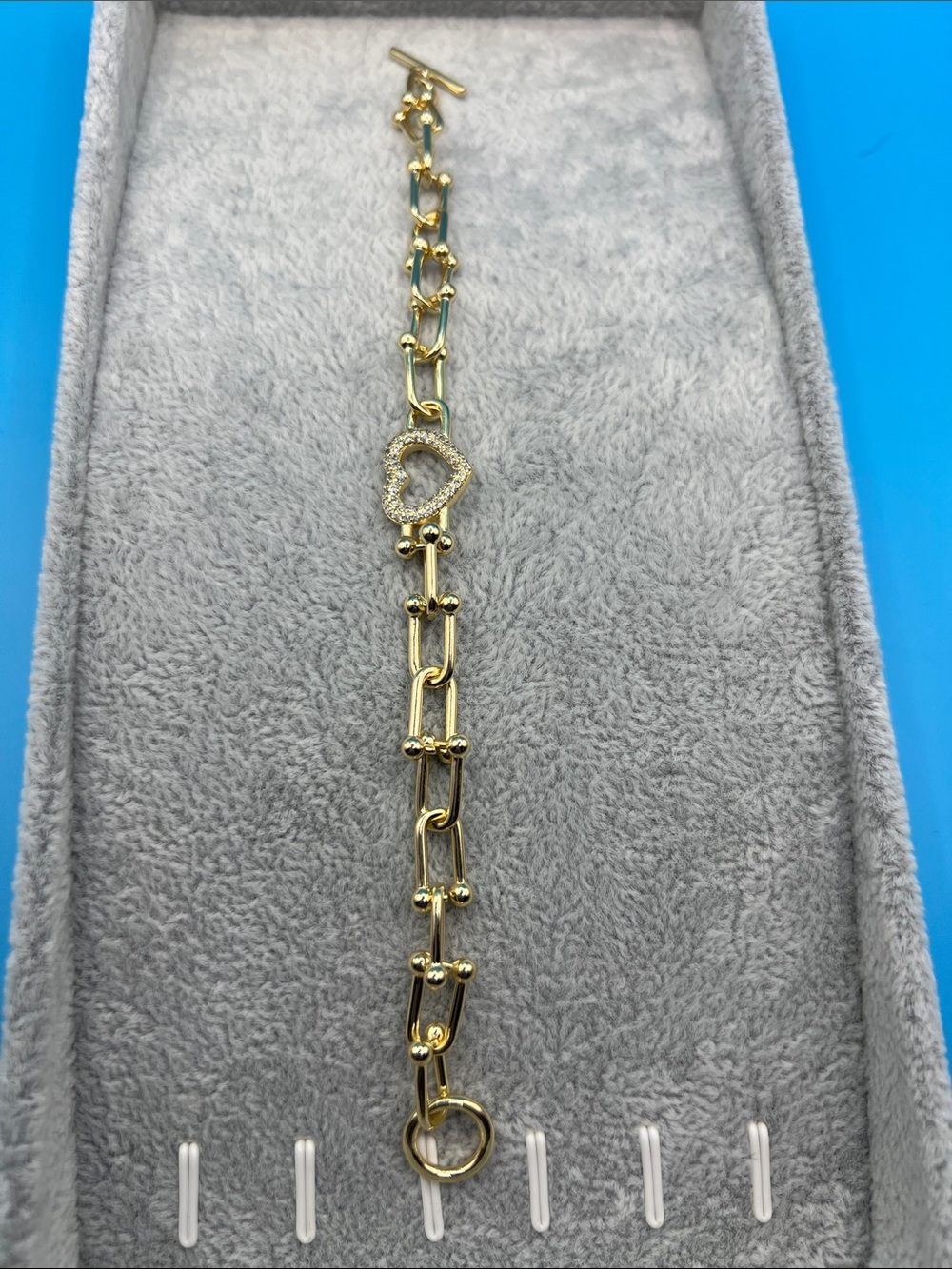 Gold Heart Link Bracelet with Sparkling Heart Accent